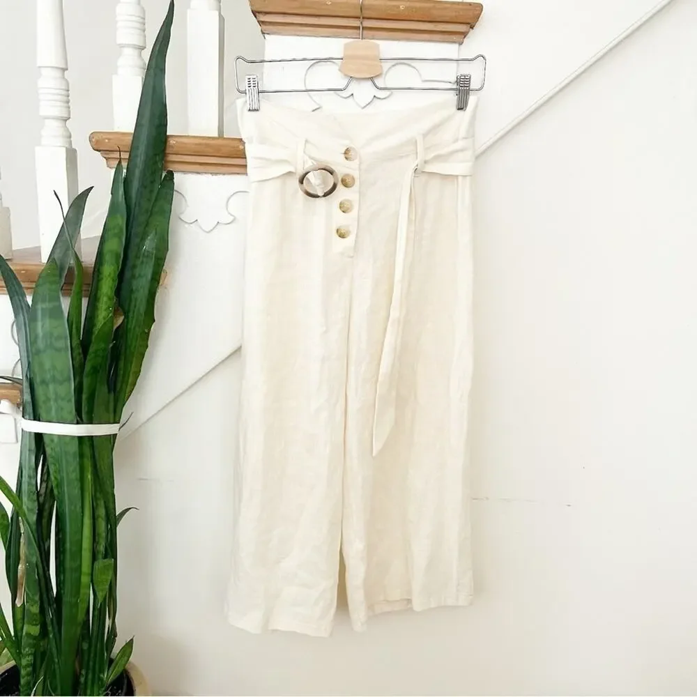 June & Hudson Ivory Belted Wide Leg Linen Blend Crop Pants Size Medium